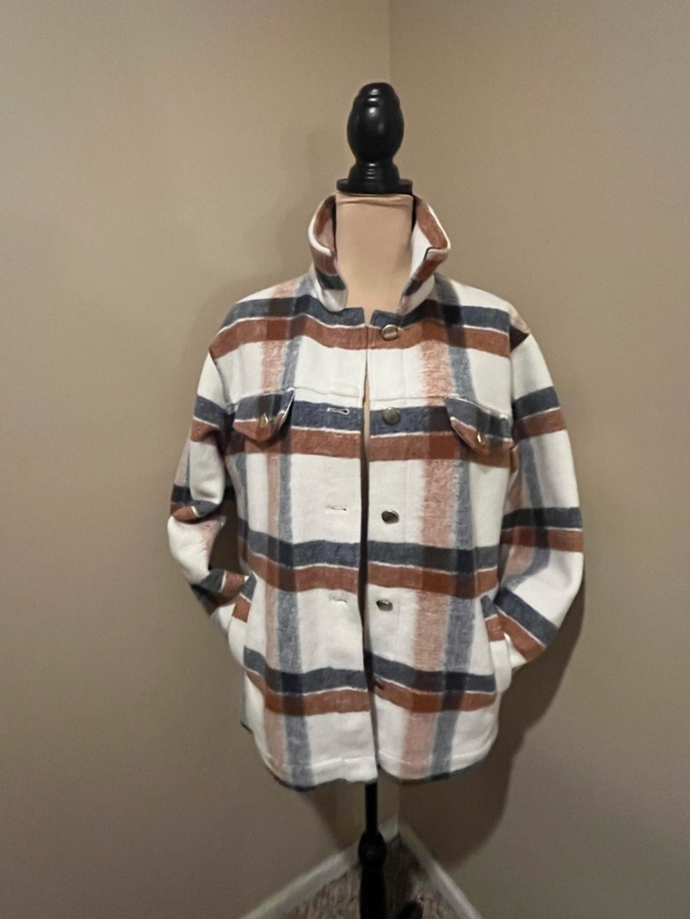 Joie White Plaid Shacket with Brown and Navy Stripes